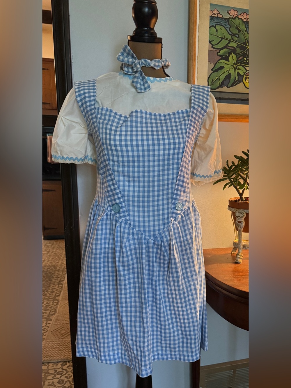 VTG Dorothy Wizard of Oz Gingham Pinafore Dress Puff Sleeve Blouse + Accessories